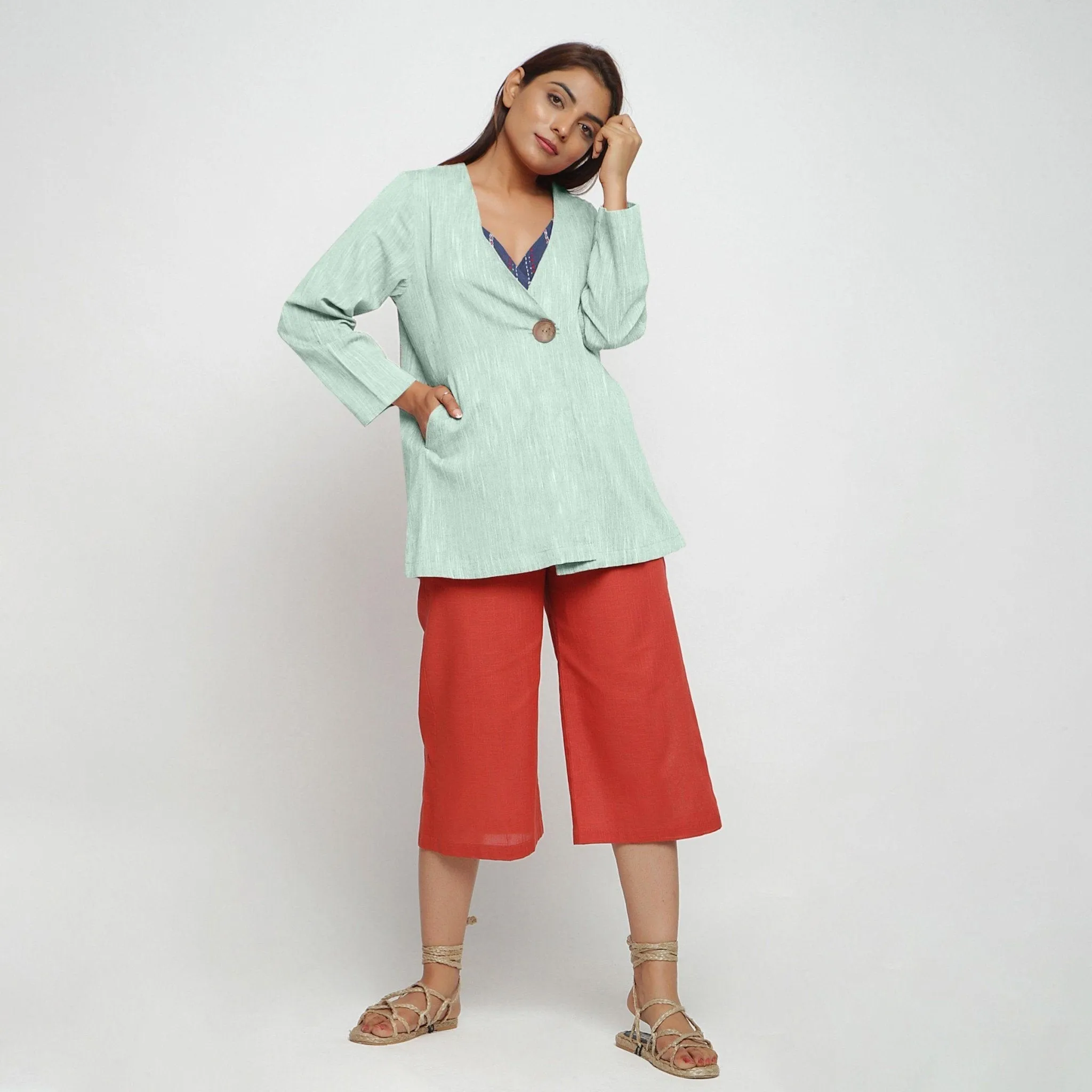 Aqua Yarn Dyed 100% Cotton Flared Short Jacket