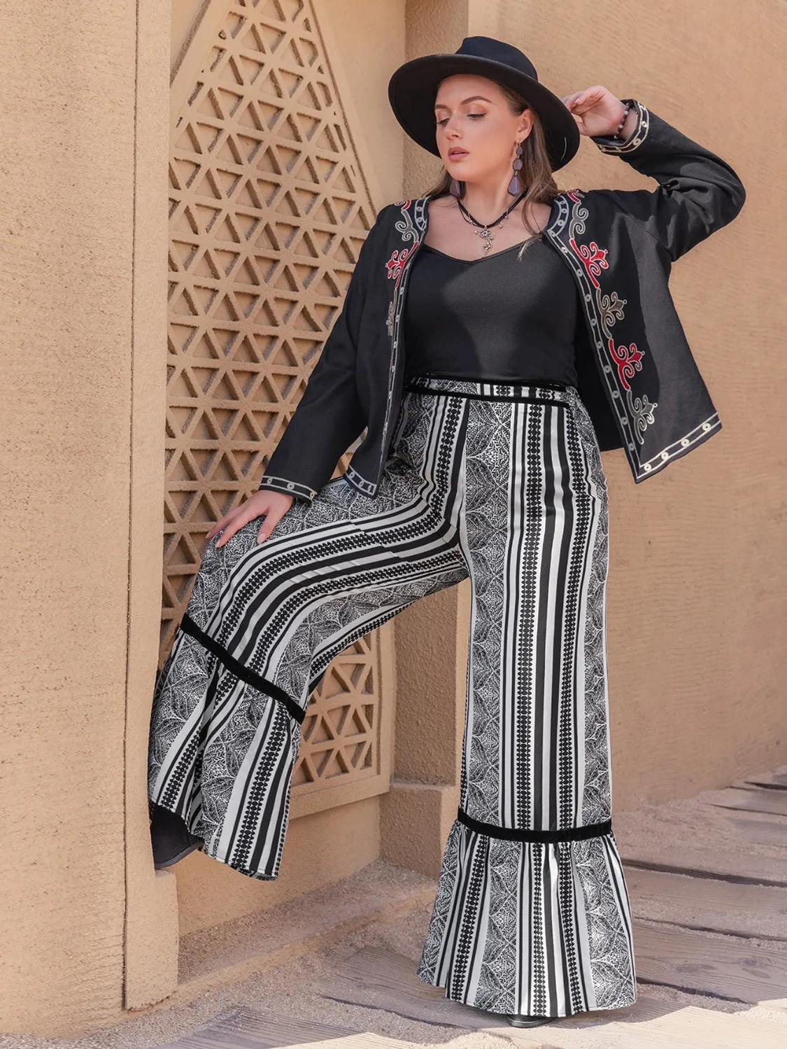 Black and White Printed Plus Size Wide Leg Pants