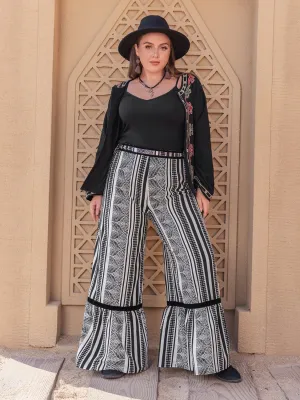 Black and White Printed Plus Size Wide Leg Pants