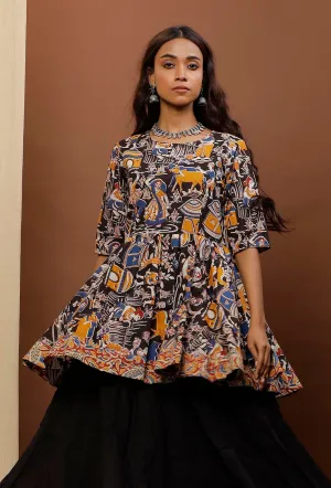Black Kalamkari Flared Short Cotton Kurti