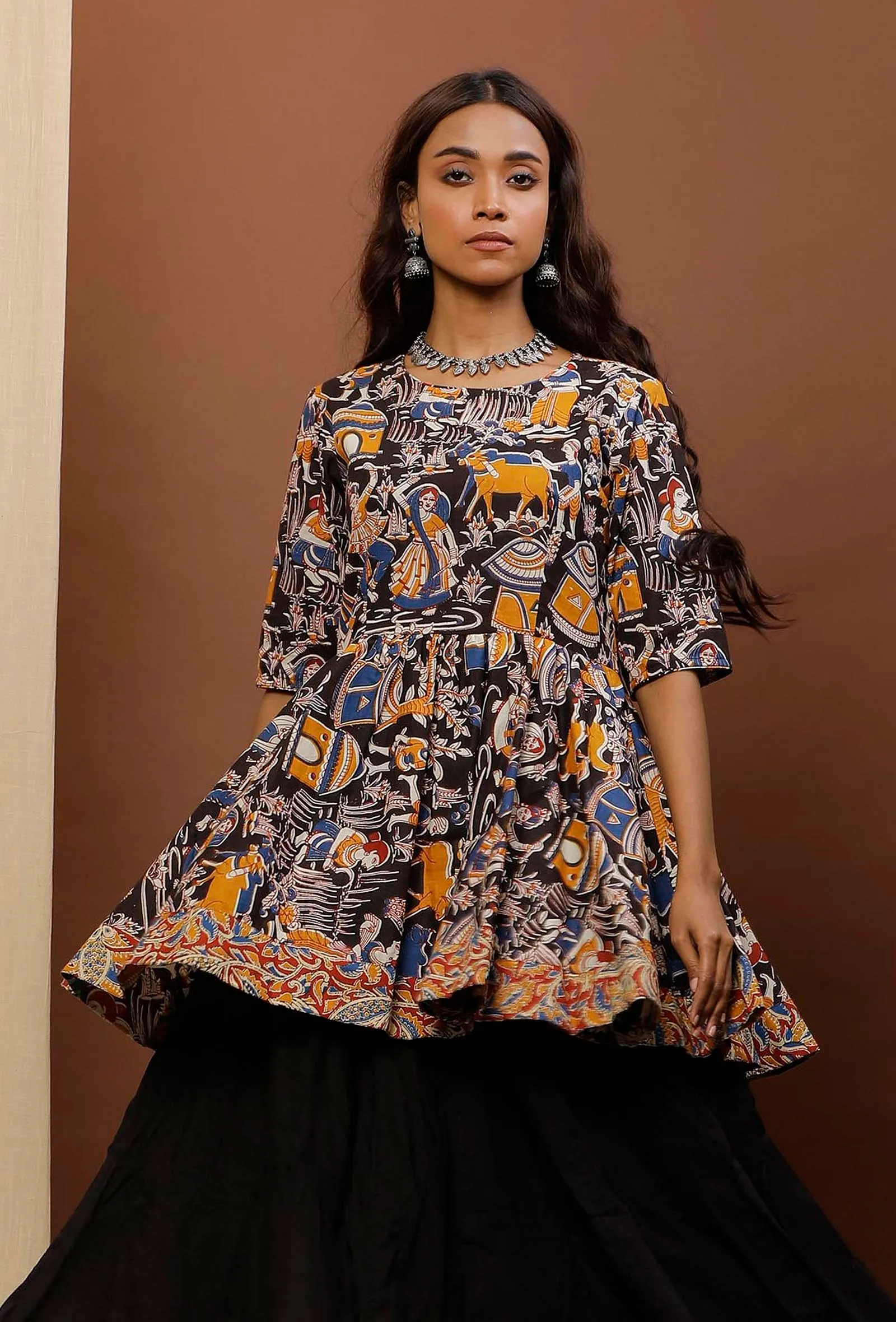 Black Kalamkari Flared Short Cotton Kurti