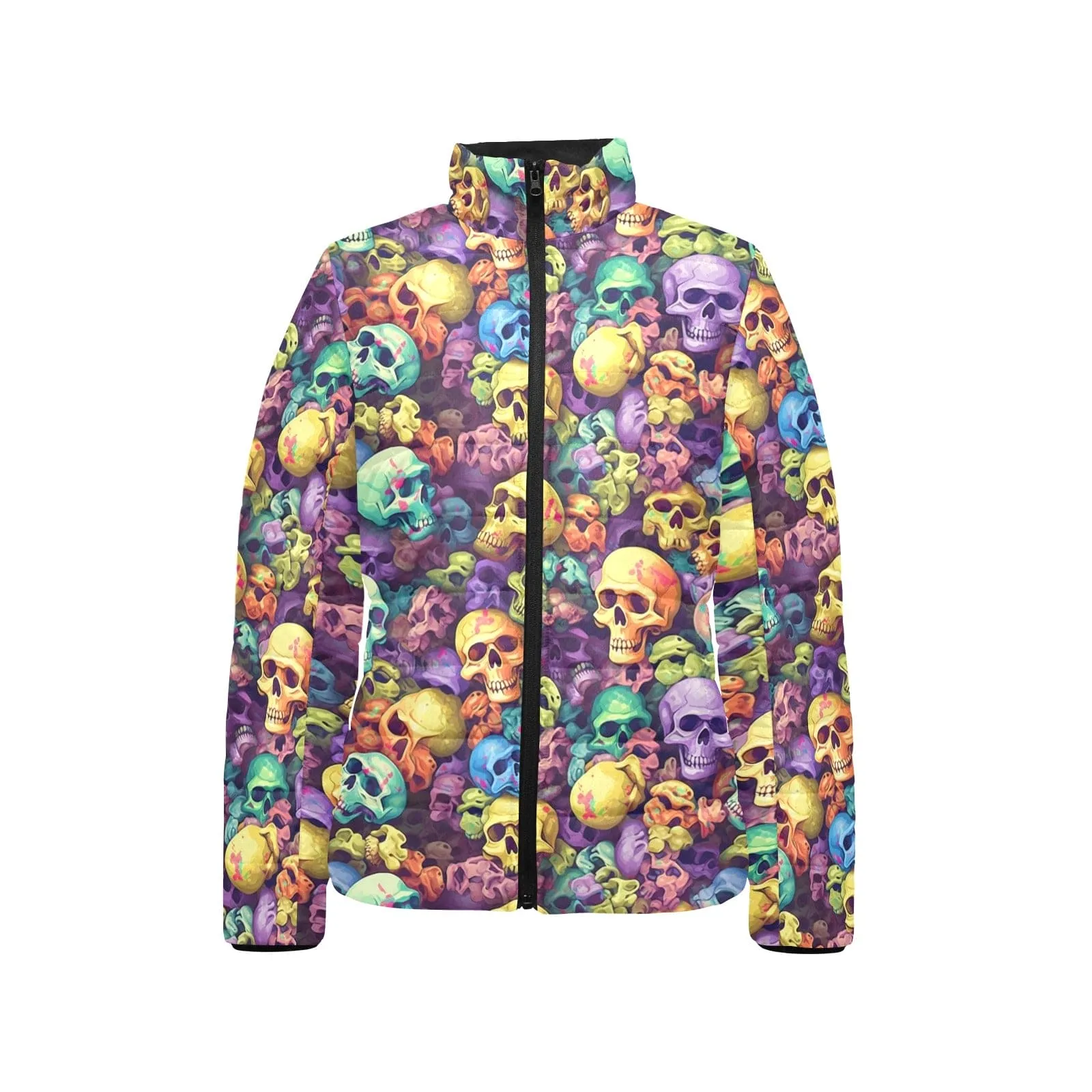 Colorful Skulls Pattern Women's Stand Collar Padded Jacket