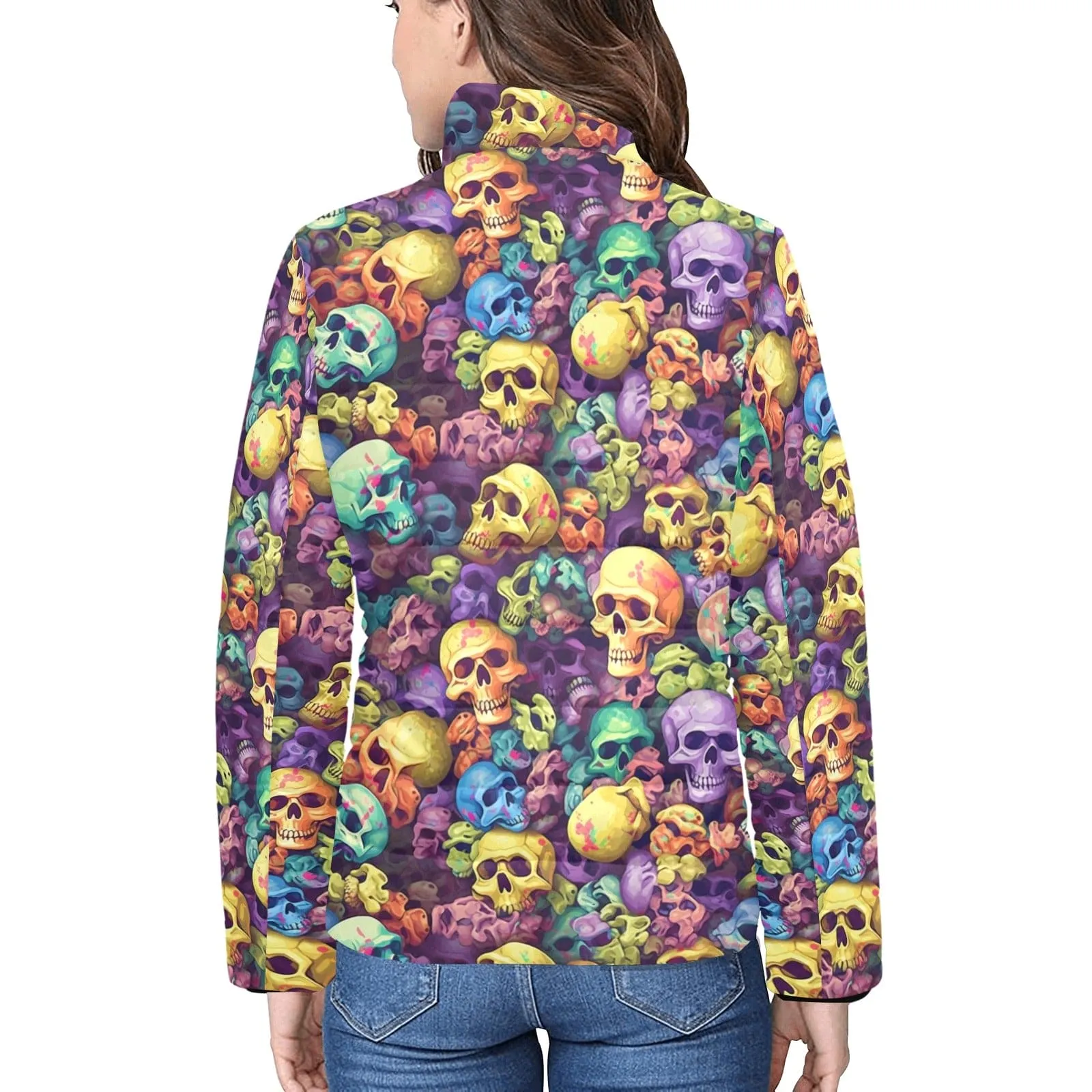 Colorful Skulls Pattern Women's Stand Collar Padded Jacket
