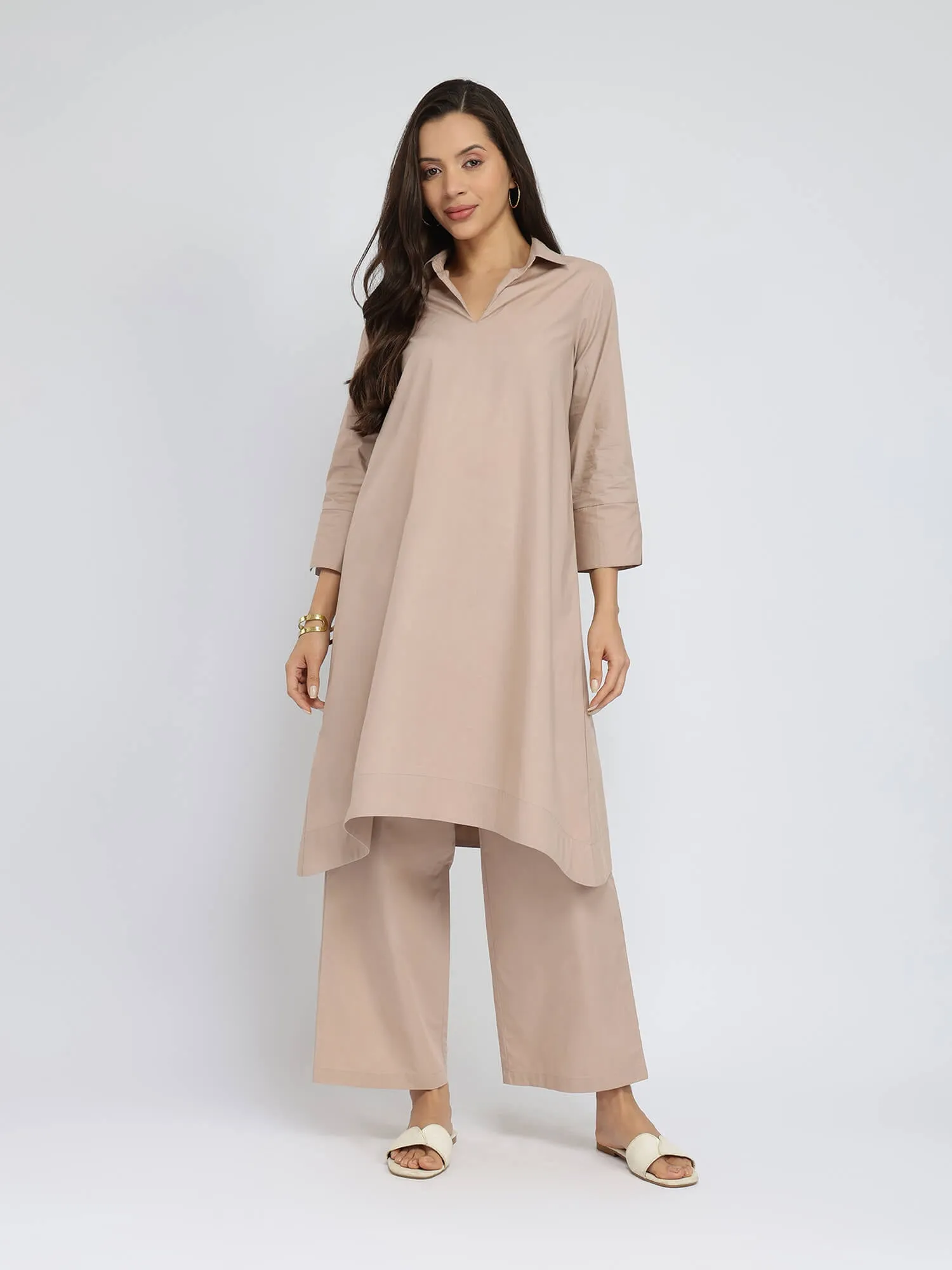 Cotton Solid Asymmetric Co-ord Set - Beige