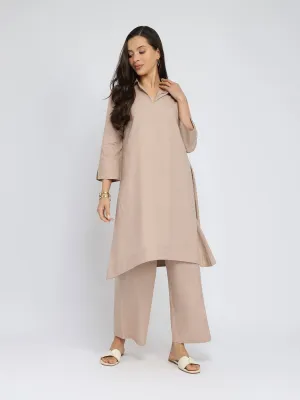 Cotton Solid Asymmetric Co-ord Set - Beige