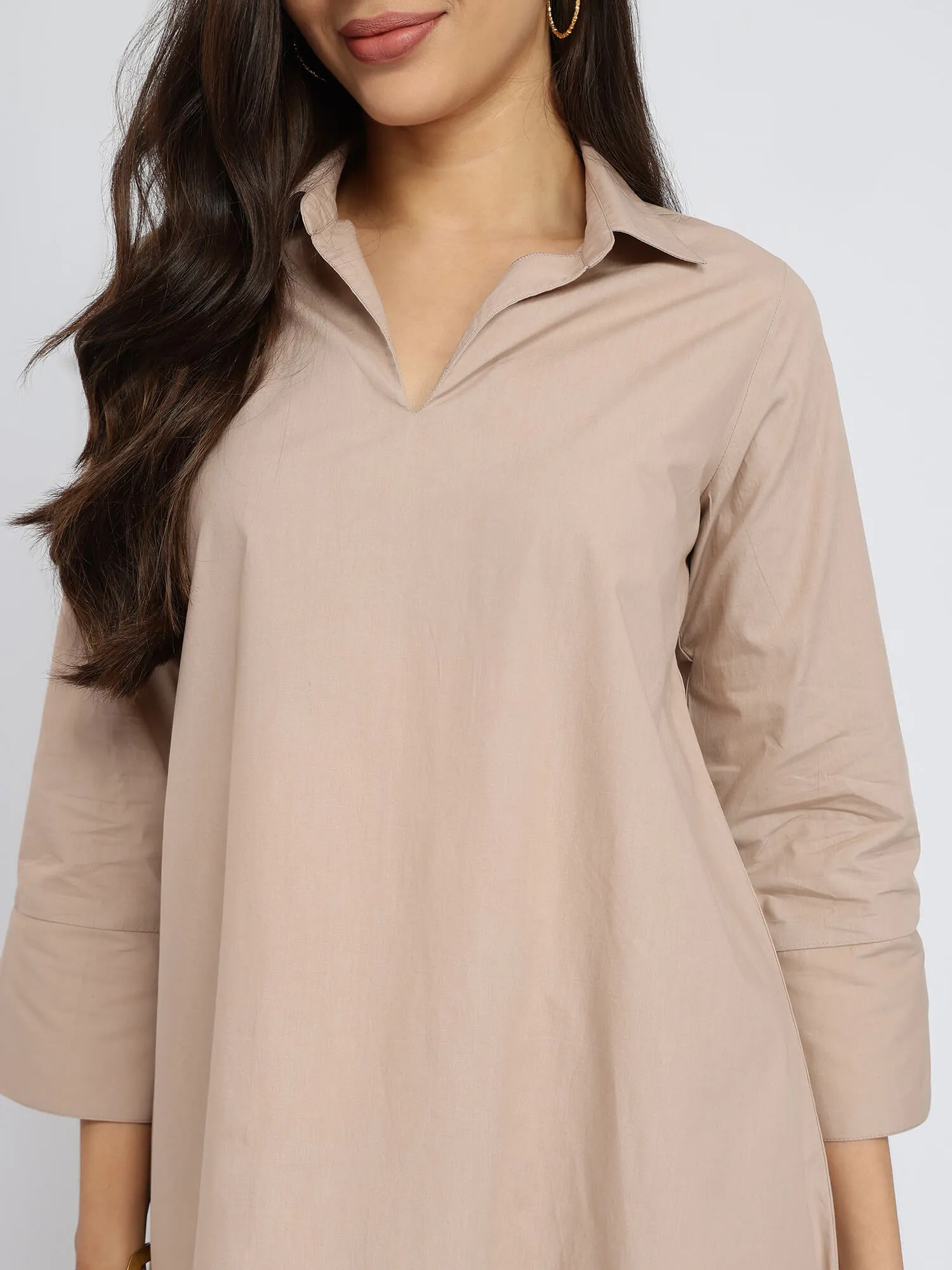 Cotton Solid Asymmetric Co-ord Set - Beige