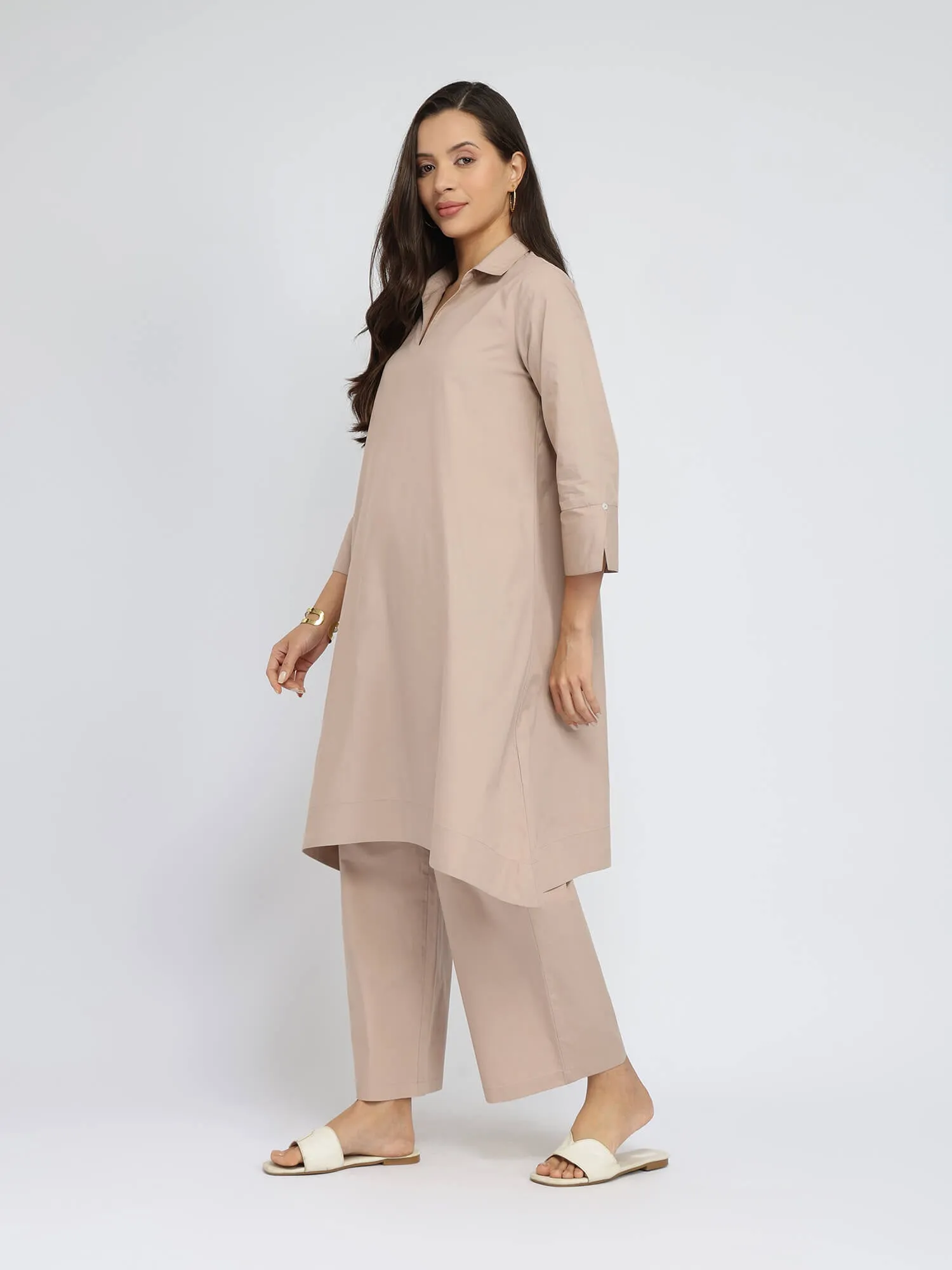 Cotton Solid Asymmetric Co-ord Set - Beige