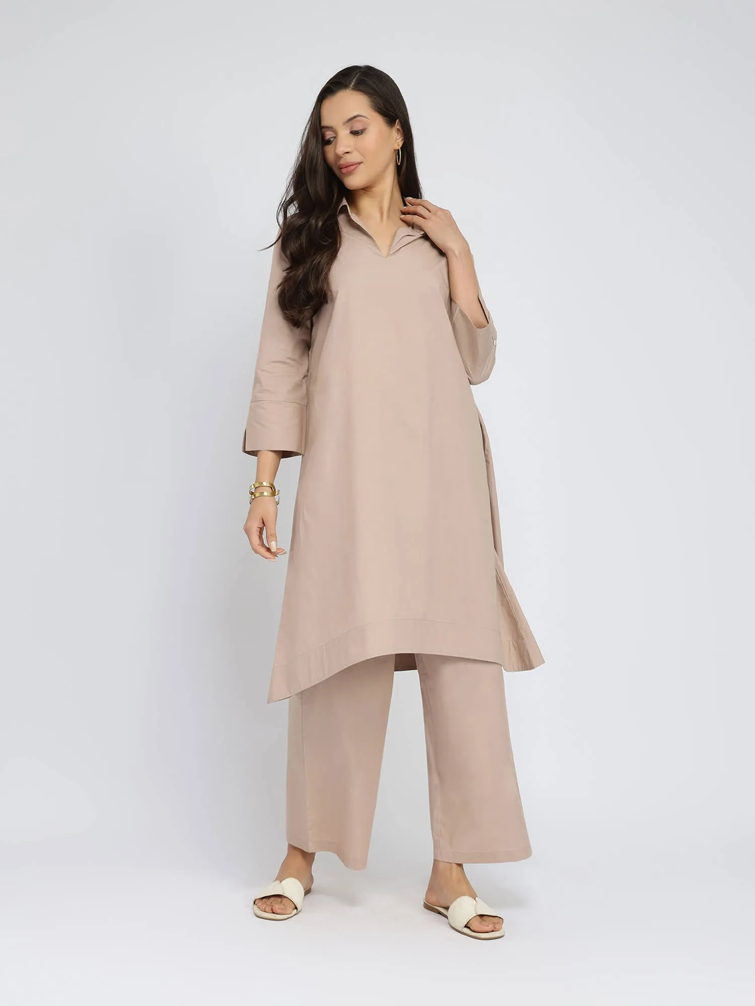 Cotton Solid Asymmetric Co-ord Set - Beige