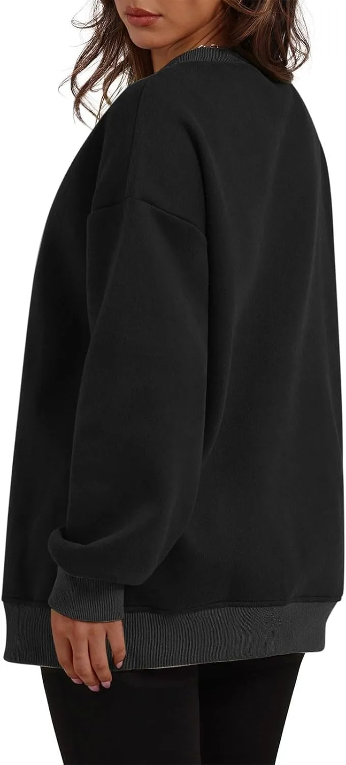 Crewneck Sweatshirts for Women Oversized Patchwork Casual Trendy Fall Tops Long Sleeve Pullover Sweaters with Pockets