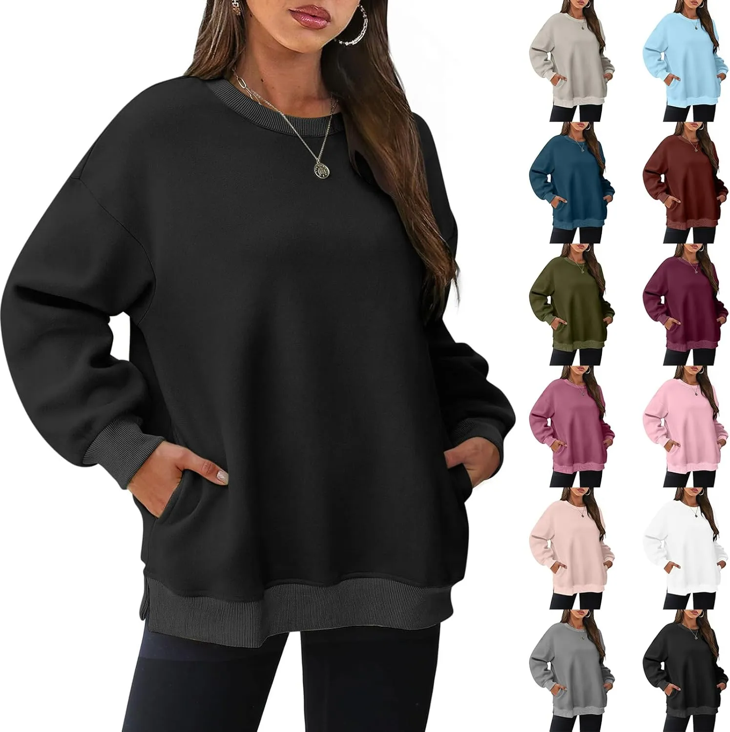 Crewneck Sweatshirts for Women Oversized Patchwork Casual Trendy Fall Tops Long Sleeve Pullover Sweaters with Pockets