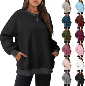 Crewneck Sweatshirts for Women Oversized Patchwork Casual Trendy Fall Tops Long Sleeve Pullover Sweaters with Pockets