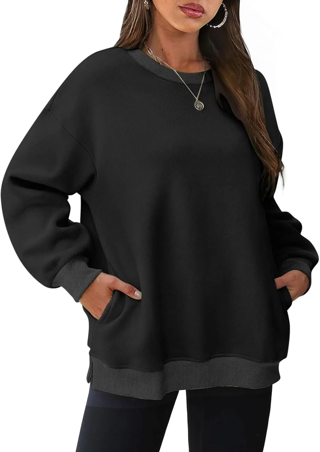 Crewneck Sweatshirts for Women Oversized Patchwork Casual Trendy Fall Tops Long Sleeve Pullover Sweaters with Pockets
