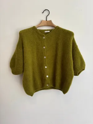 Cropped Sleeve Mohair Cardigan Olive