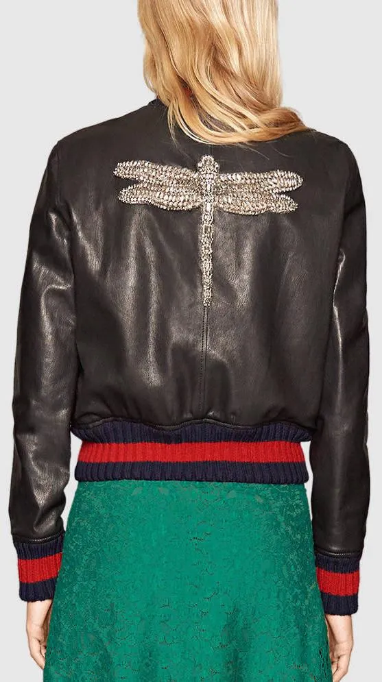 Dragonfly Embroidered Leather Jacket