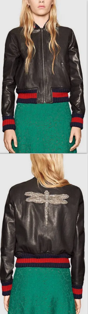 Dragonfly Embroidered Leather Jacket