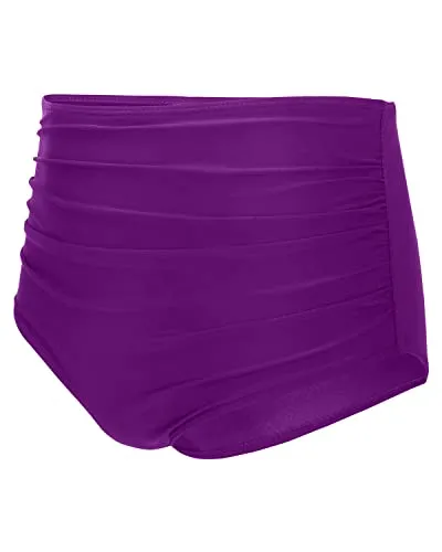 Fashionable Women High Waisted Bikini Bottom Retro Ruched Swim Short-Purple