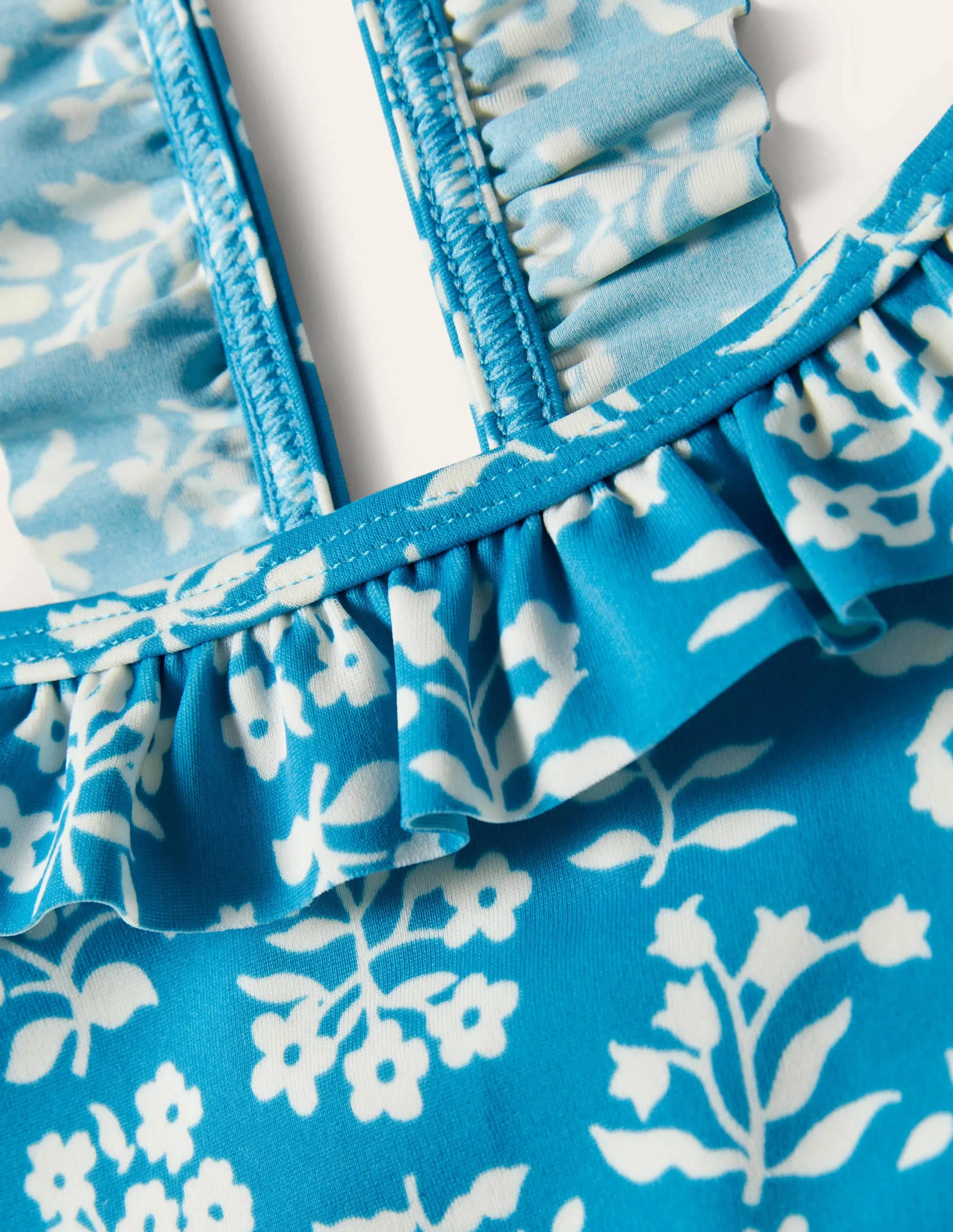 Frilly Strap Bikini Set-Bahama Blue Woodblock
