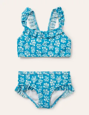 Frilly Strap Bikini Set-Bahama Blue Woodblock