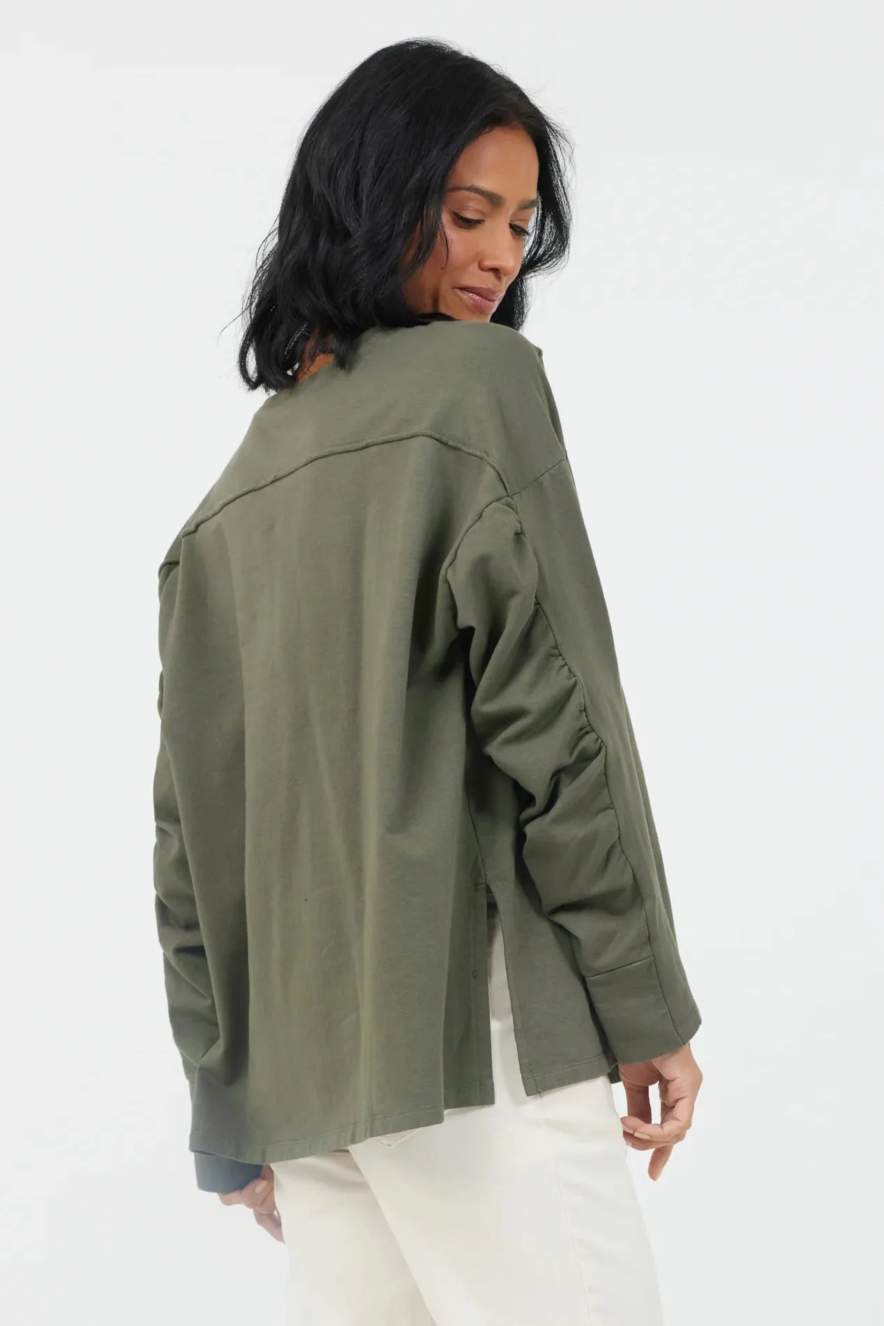 Jamelia Ruched Sleeve Sweatshirt- Olive