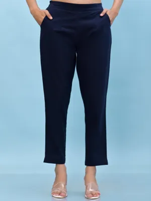 Juniper Women Navy Blue Solid Cotton Pants with Partially Elasticated Waistband and Two Side Pockets