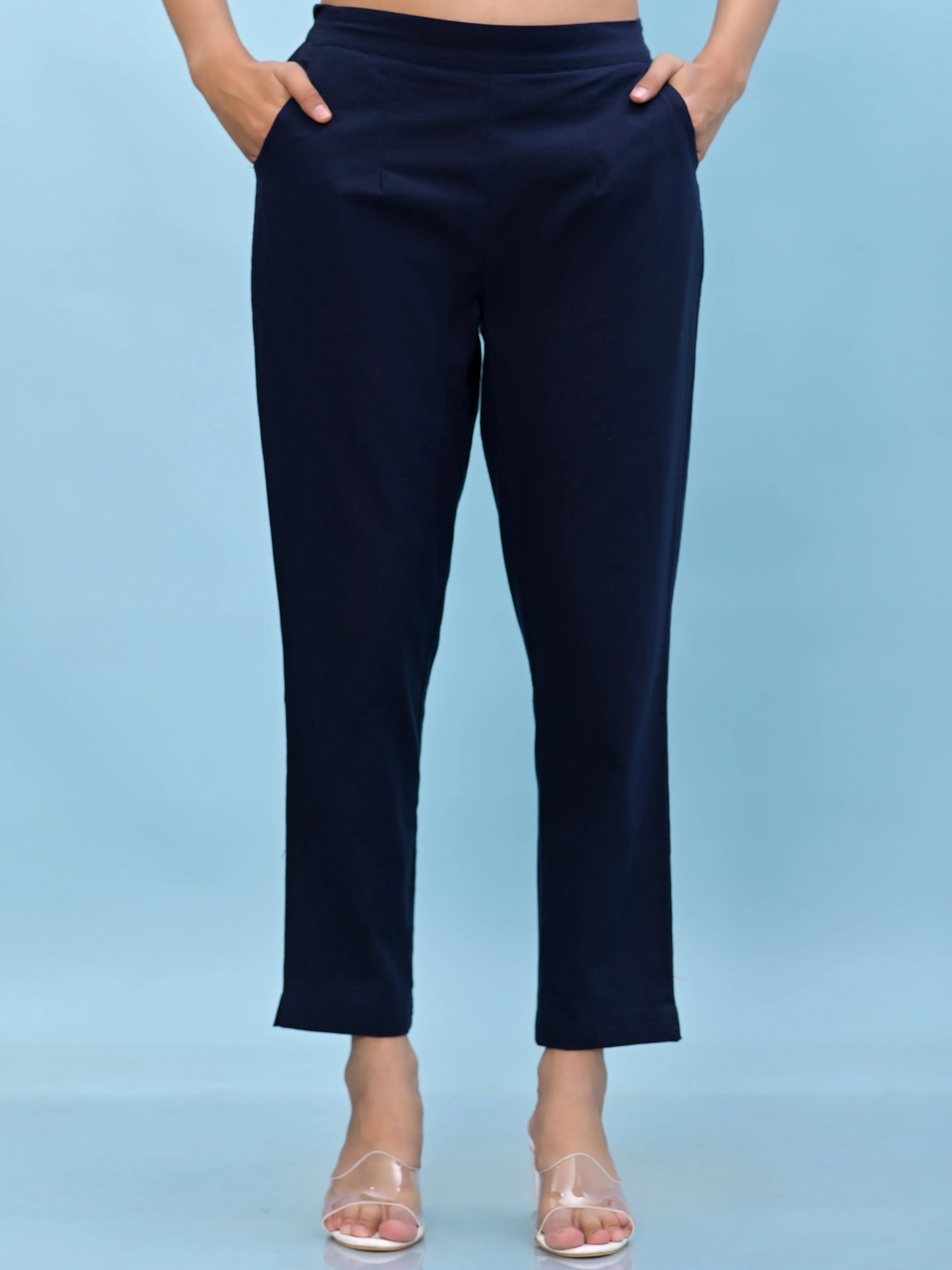 Juniper Women Navy Blue Solid Cotton Pants with Partially Elasticated Waistband and Two Side Pockets