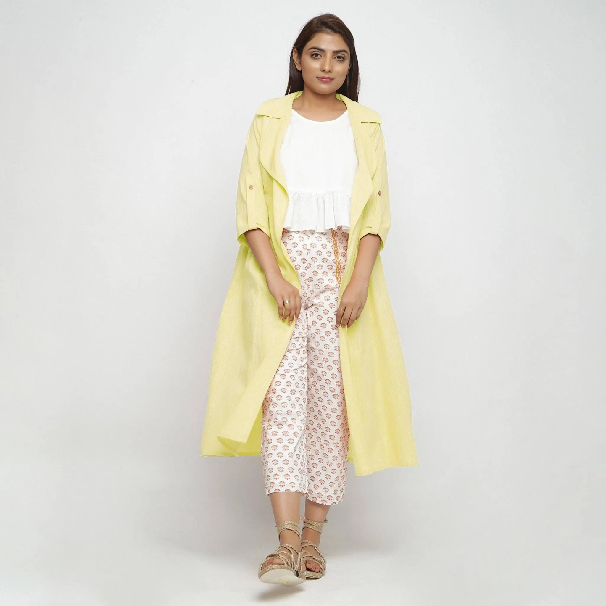 Lemon Yellow Yarn Dyed Cotton Lapel Collar Overlay