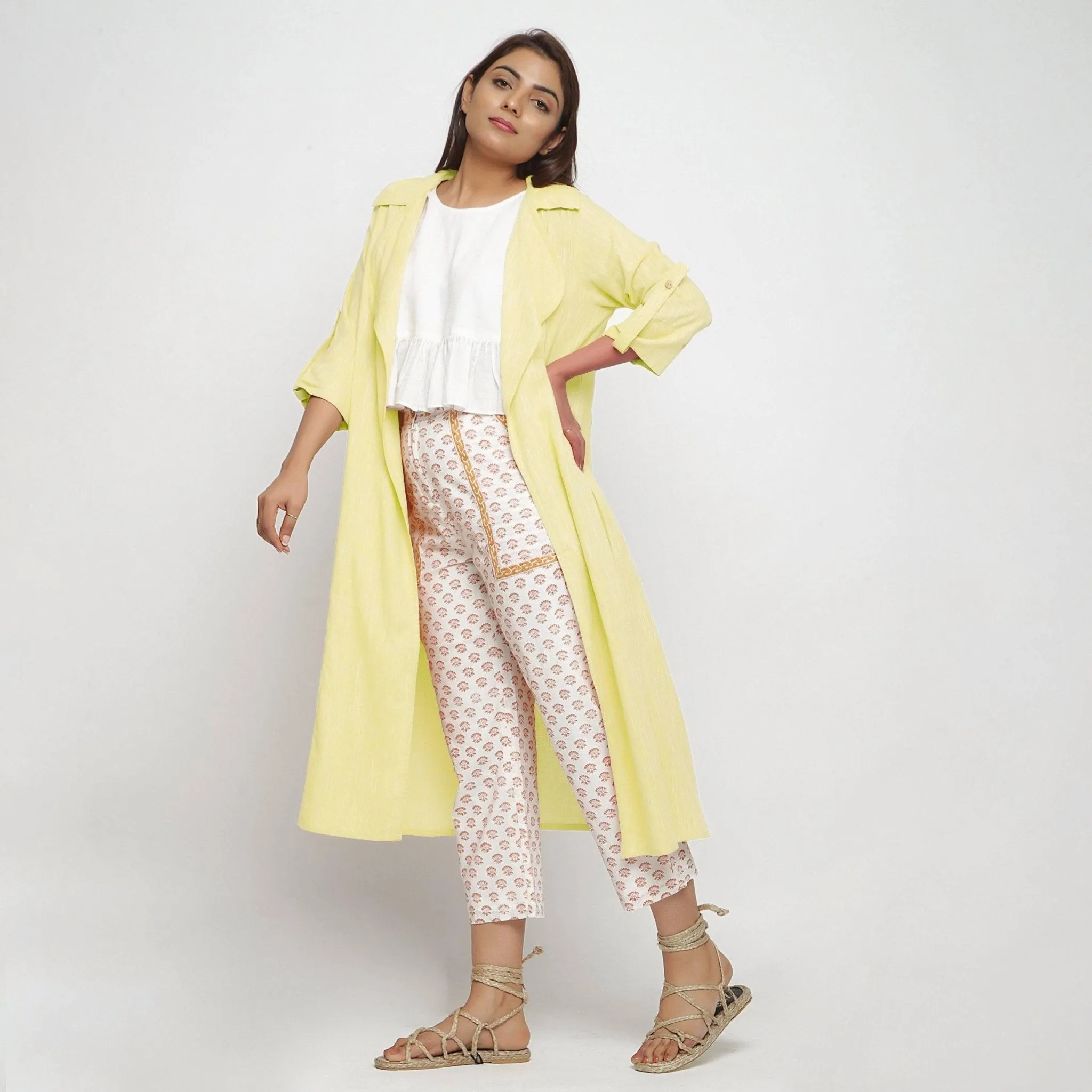 Lemon Yellow Yarn Dyed Cotton Lapel Collar Overlay