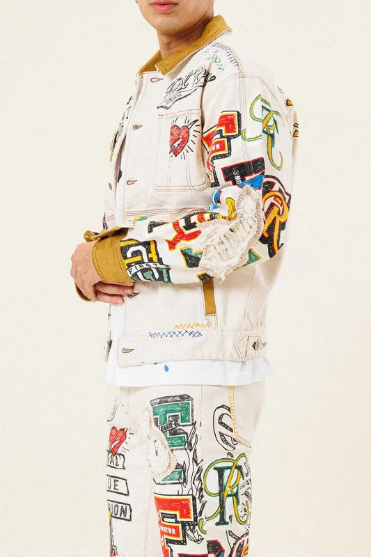 L.Khaki All Over Hand-Drawn Nostalgic Fit Trucker Jacket