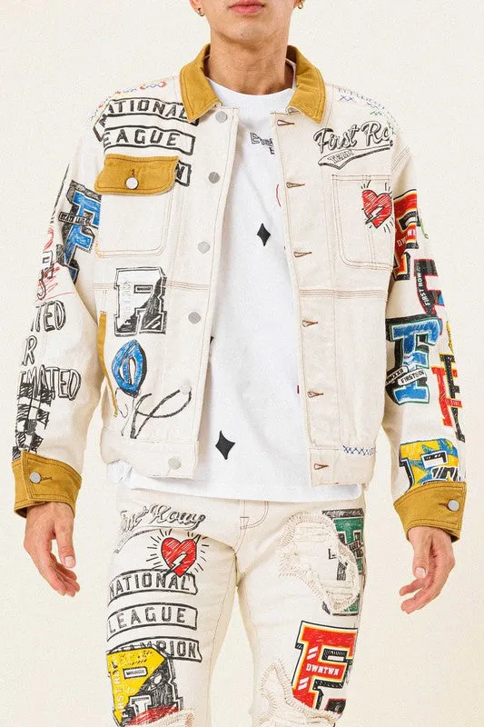 L.Khaki All Over Hand-Drawn Nostalgic Fit Trucker Jacket