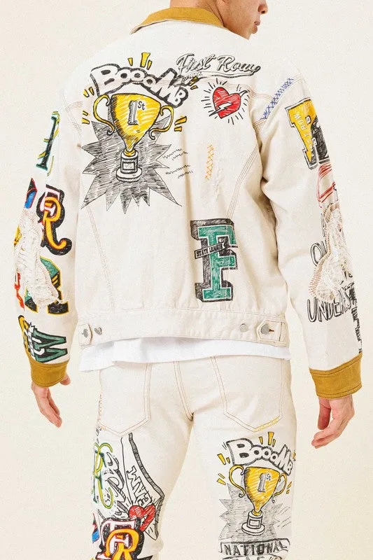 L.Khaki All Over Hand-Drawn Nostalgic Fit Trucker Jacket