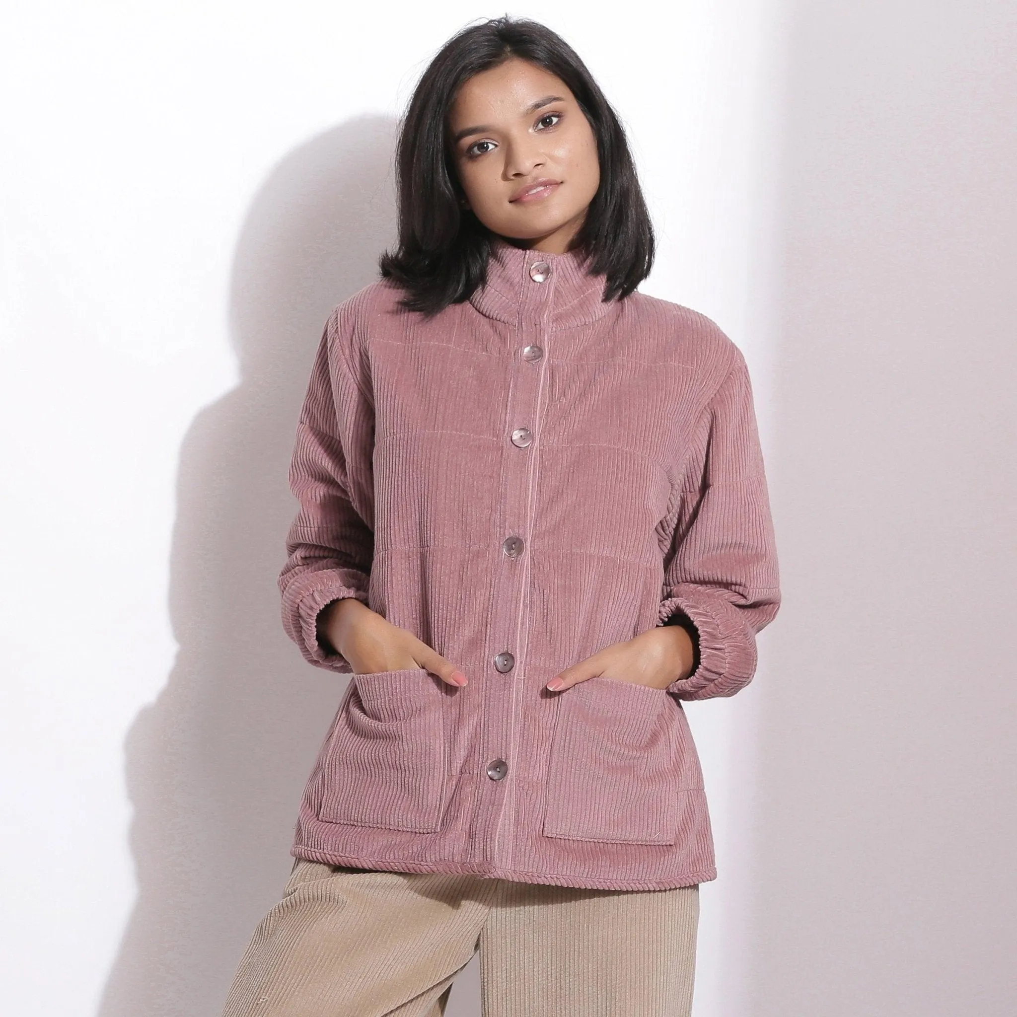 Mauve Warm Cotton Corduroy Quilted Puffer Jacket