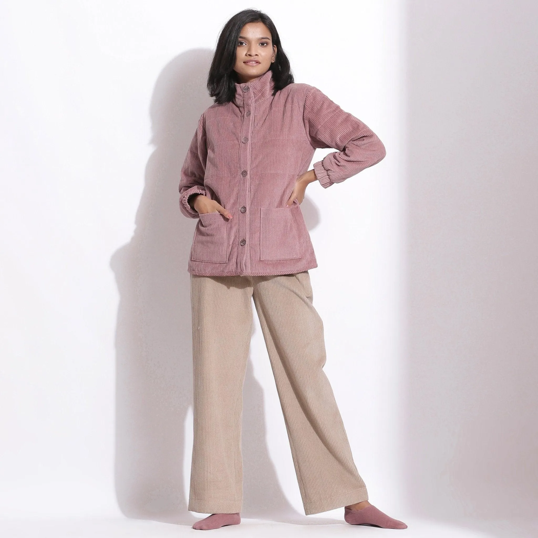 Mauve Warm Cotton Corduroy Quilted Puffer Jacket