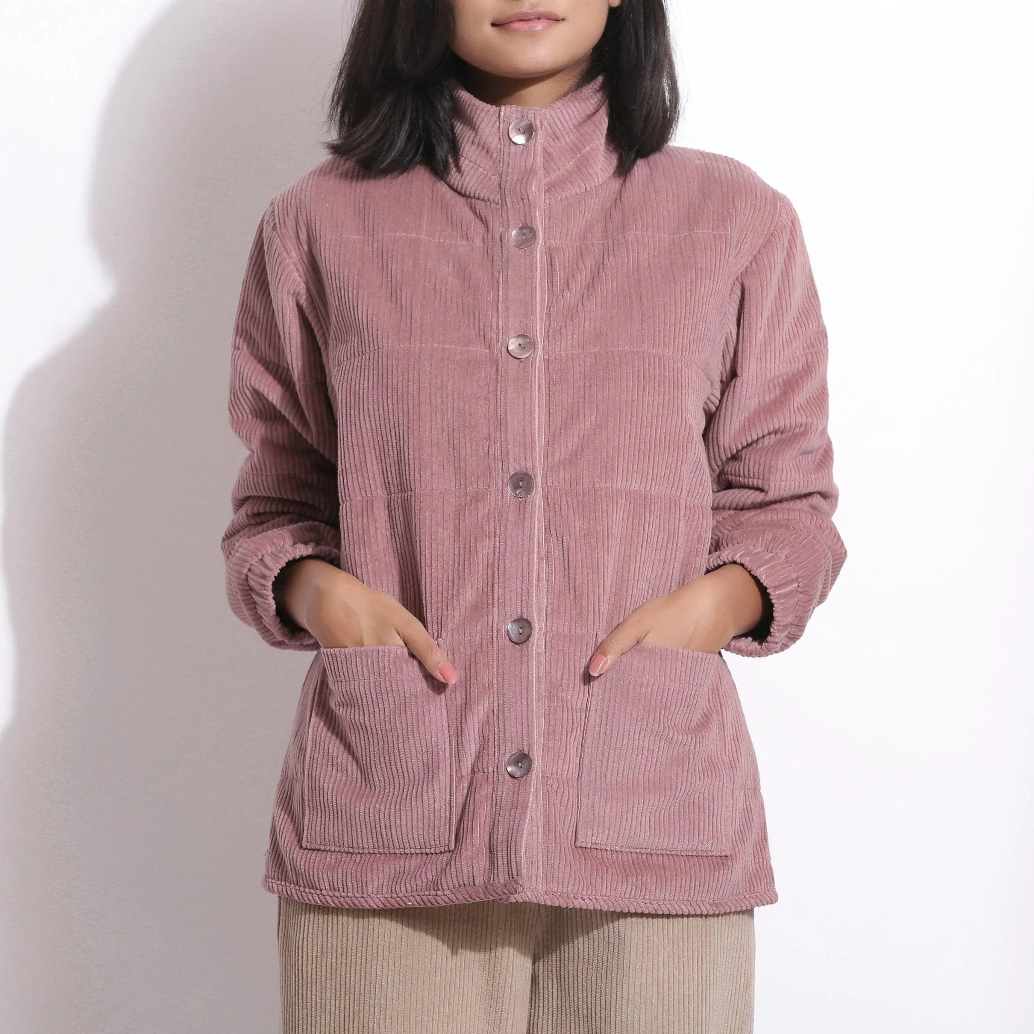 Mauve Warm Cotton Corduroy Quilted Puffer Jacket