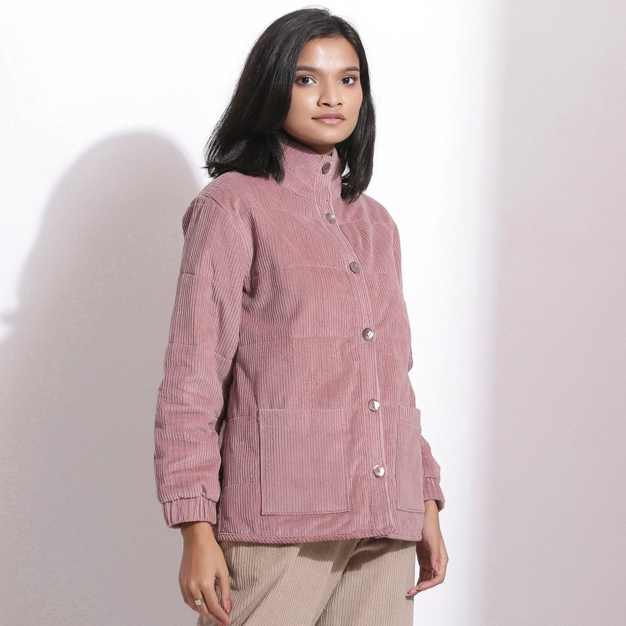 Mauve Warm Cotton Corduroy Quilted Puffer Jacket