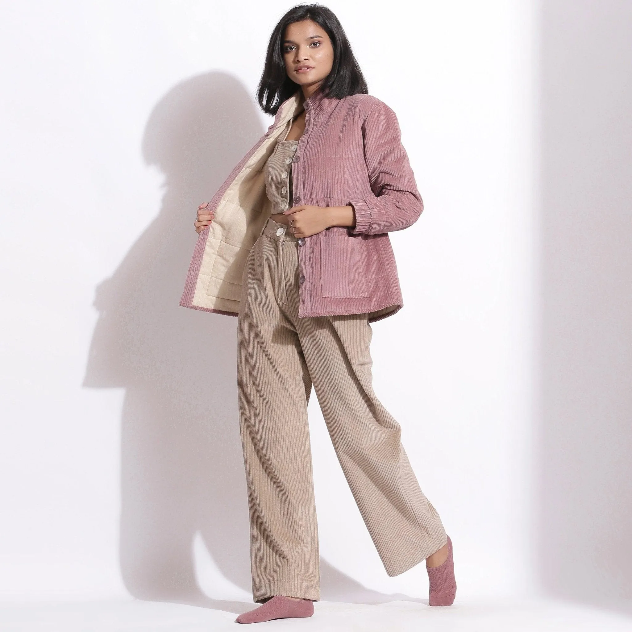 Mauve Warm Cotton Corduroy Quilted Puffer Jacket