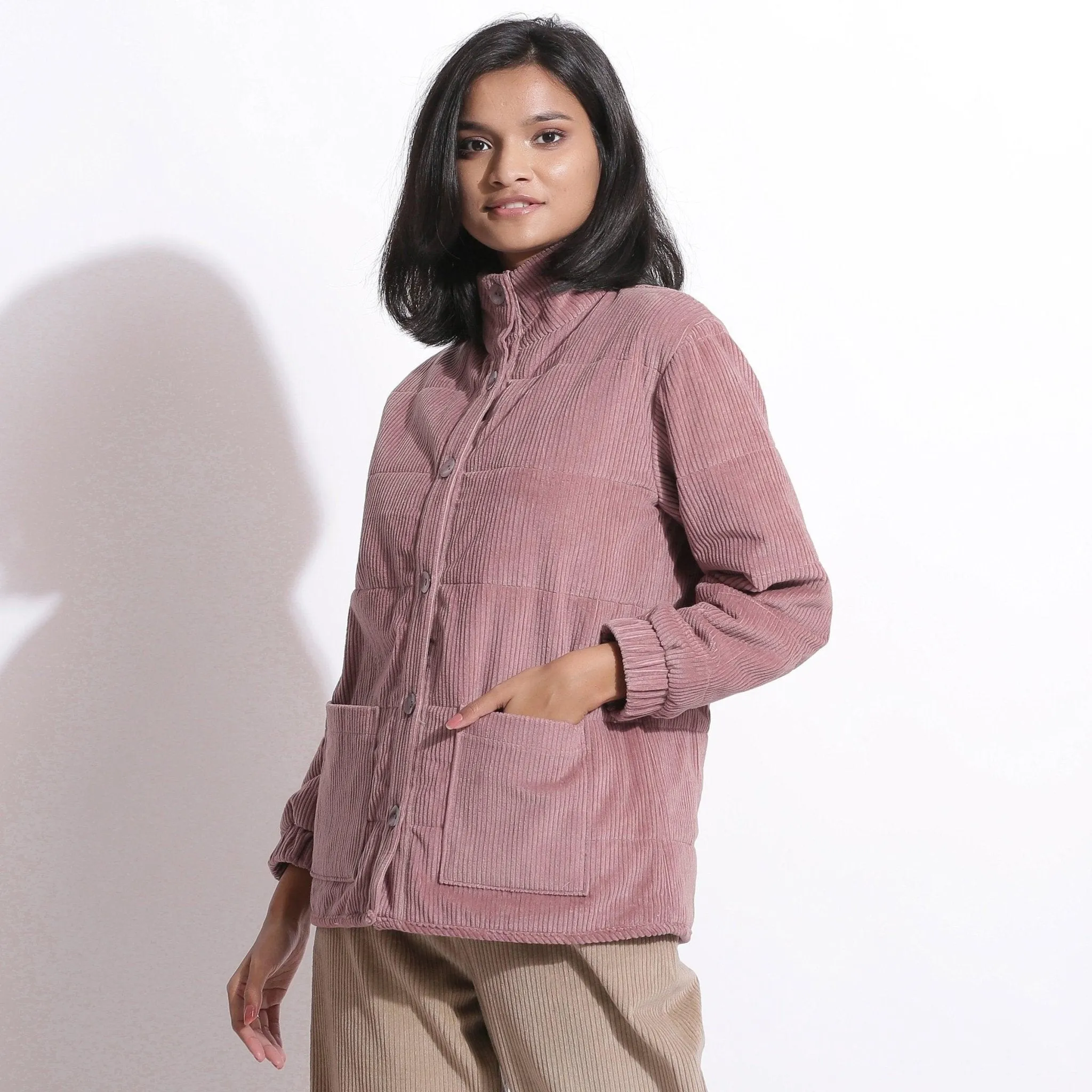 Mauve Warm Cotton Corduroy Quilted Puffer Jacket