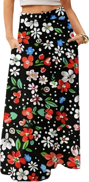 Maxi Floral Skirts for Women Trendy Summer Boho High Elastic Waist Skirts Long Flowy Skorts with Pockets A Line Skirt