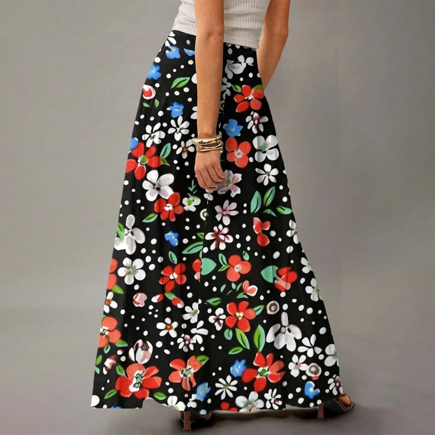 Maxi Floral Skirts for Women Trendy Summer Boho High Elastic Waist Skirts Long Flowy Skorts with Pockets A Line Skirt