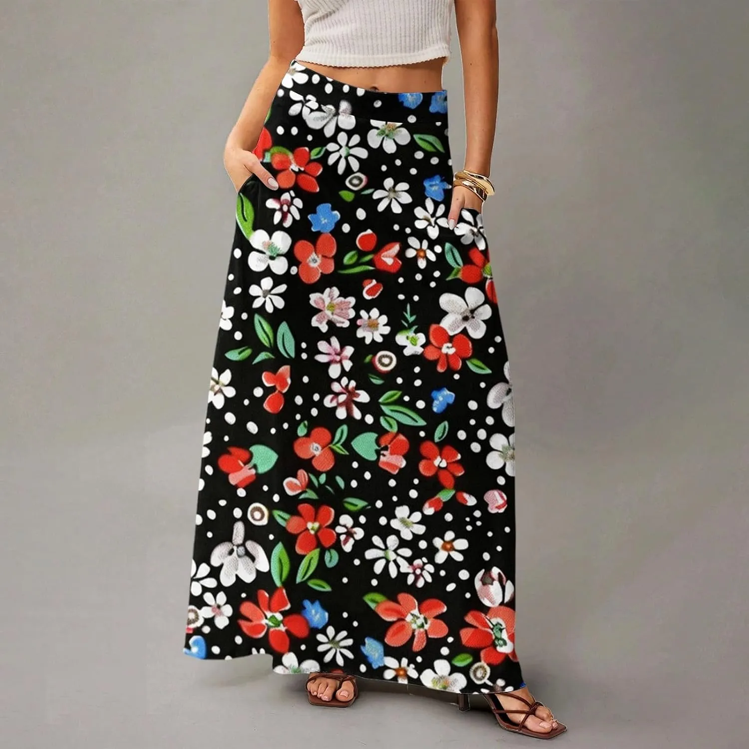 Maxi Floral Skirts for Women Trendy Summer Boho High Elastic Waist Skirts Long Flowy Skorts with Pockets A Line Skirt