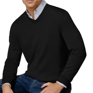 Men's Solid V-Neck Merino Wool Blend Sweater,Black