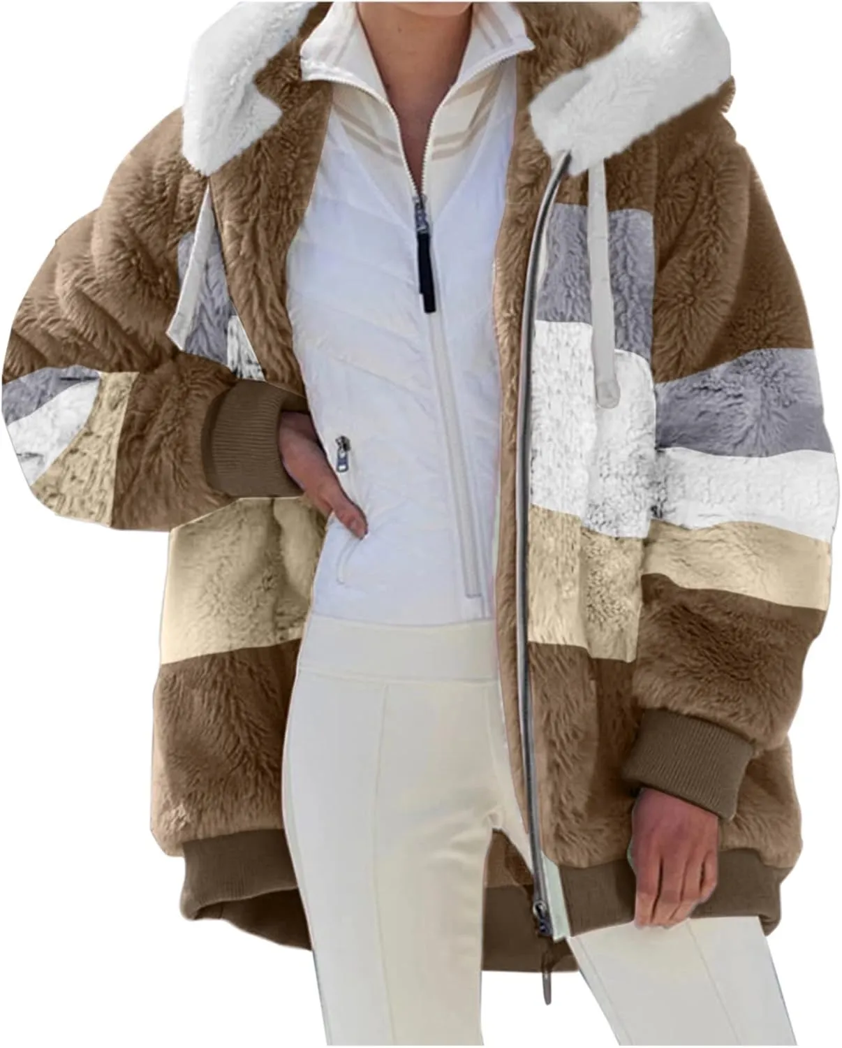 Oversized Fuzzy Fleece Jackets For Women Fashion 2024 Color Block Faux Fur Cardigan Coat Shaggy Warm Winter Outerwear