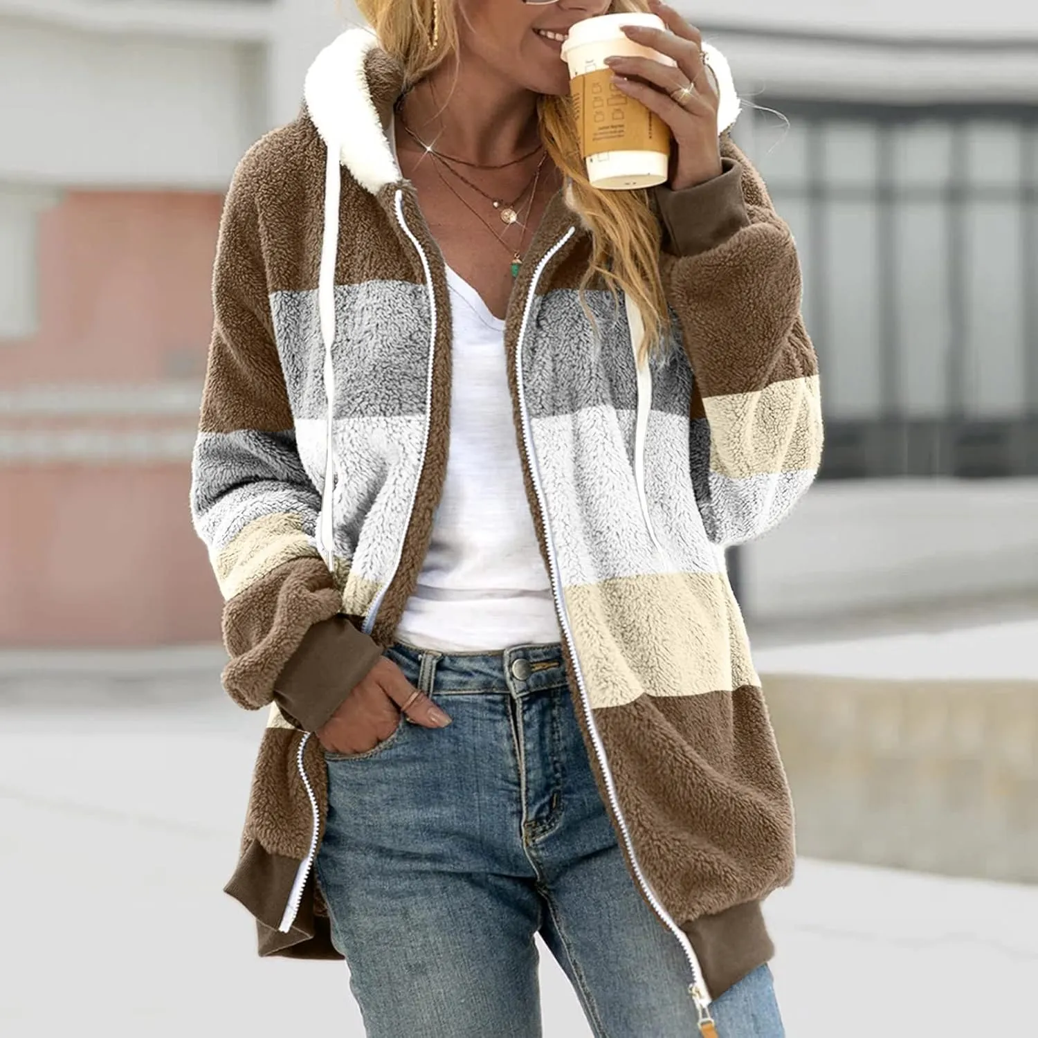 Oversized Fuzzy Fleece Jackets For Women Fashion 2024 Color Block Faux Fur Cardigan Coat Shaggy Warm Winter Outerwear