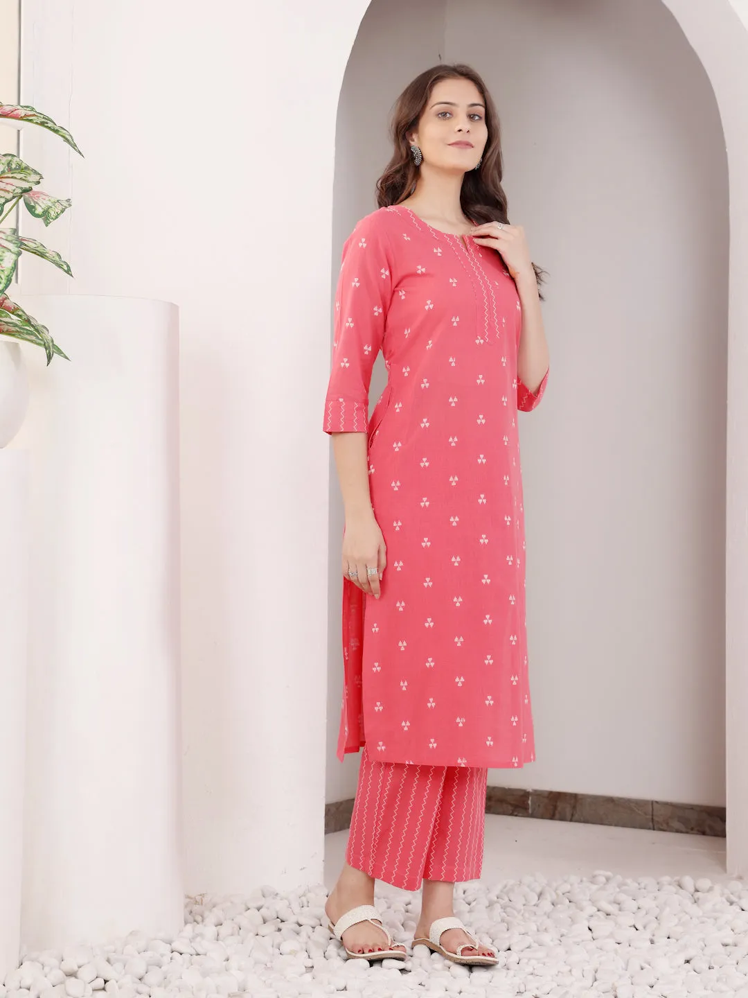 Peach Cotton Printed Straight Kurta Pant Set