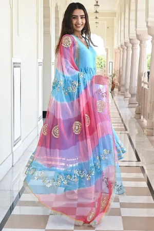 Raagni Solid Blue Angrakha Flared Kurta With Pant & Dupatta
