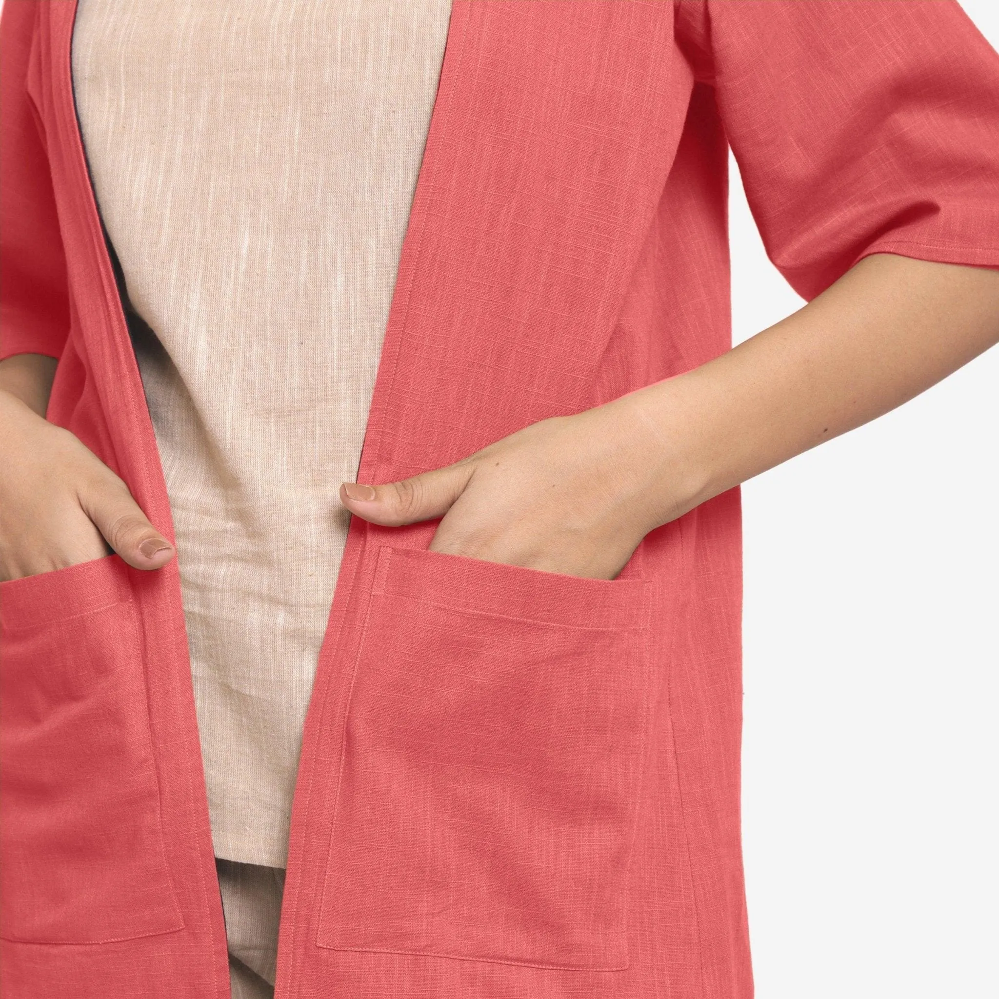 Red Reversible Cotton Flax Front Open Short Overlay