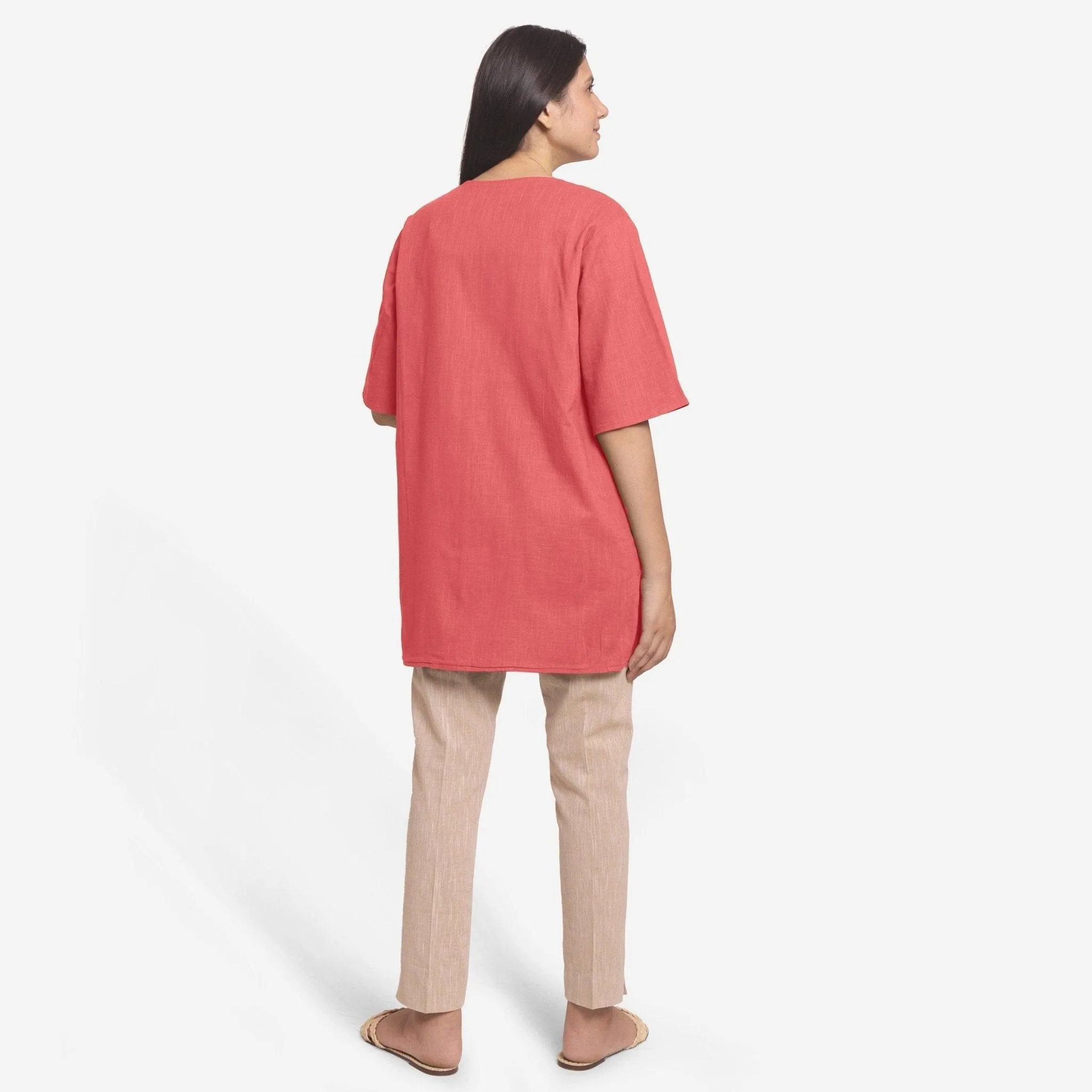 Red Reversible Cotton Flax Front Open Short Overlay