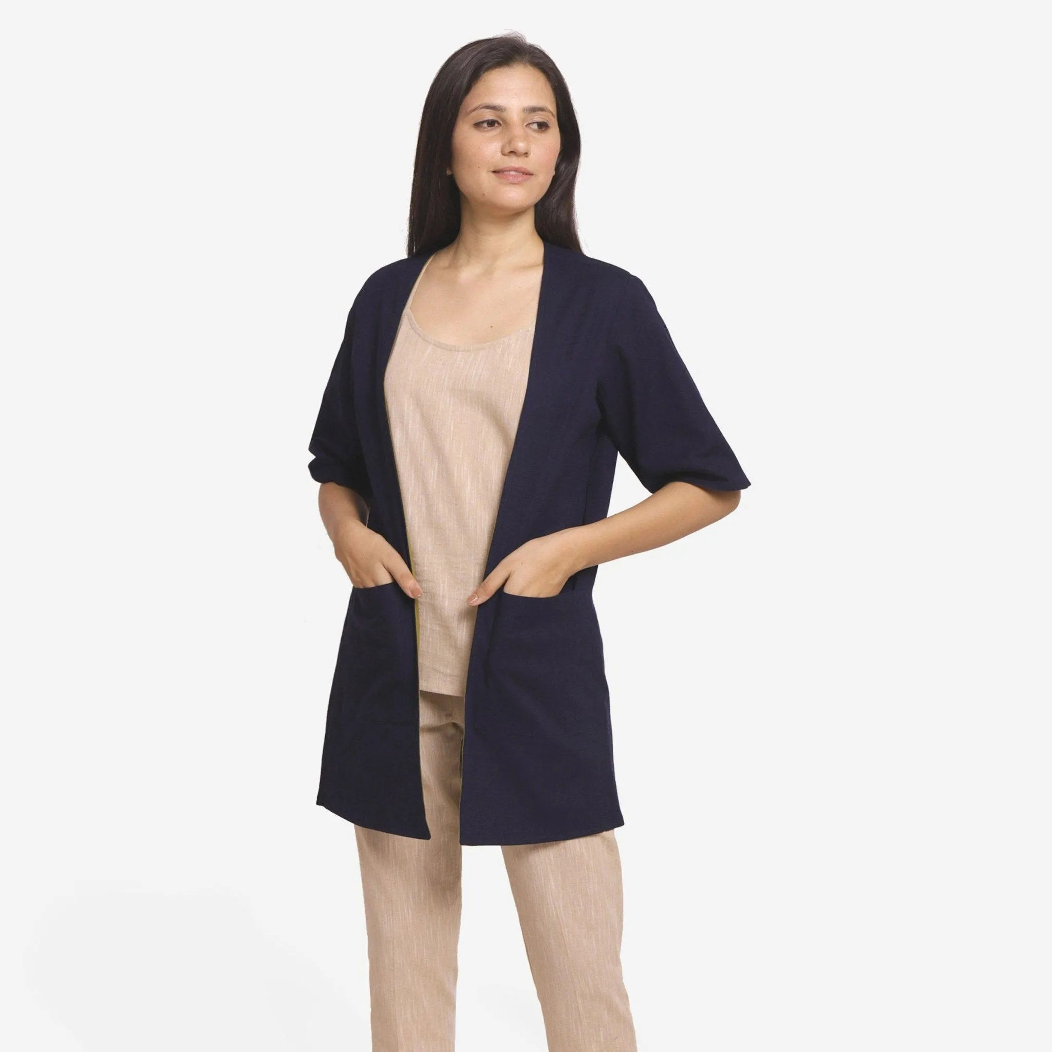 Red Reversible Cotton Flax Front Open Short Overlay