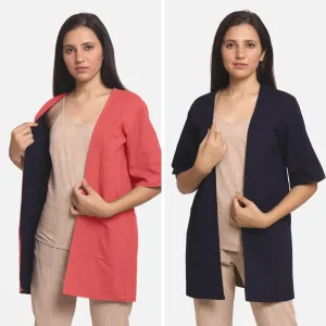 Red Reversible Cotton Flax Front Open Short Overlay
