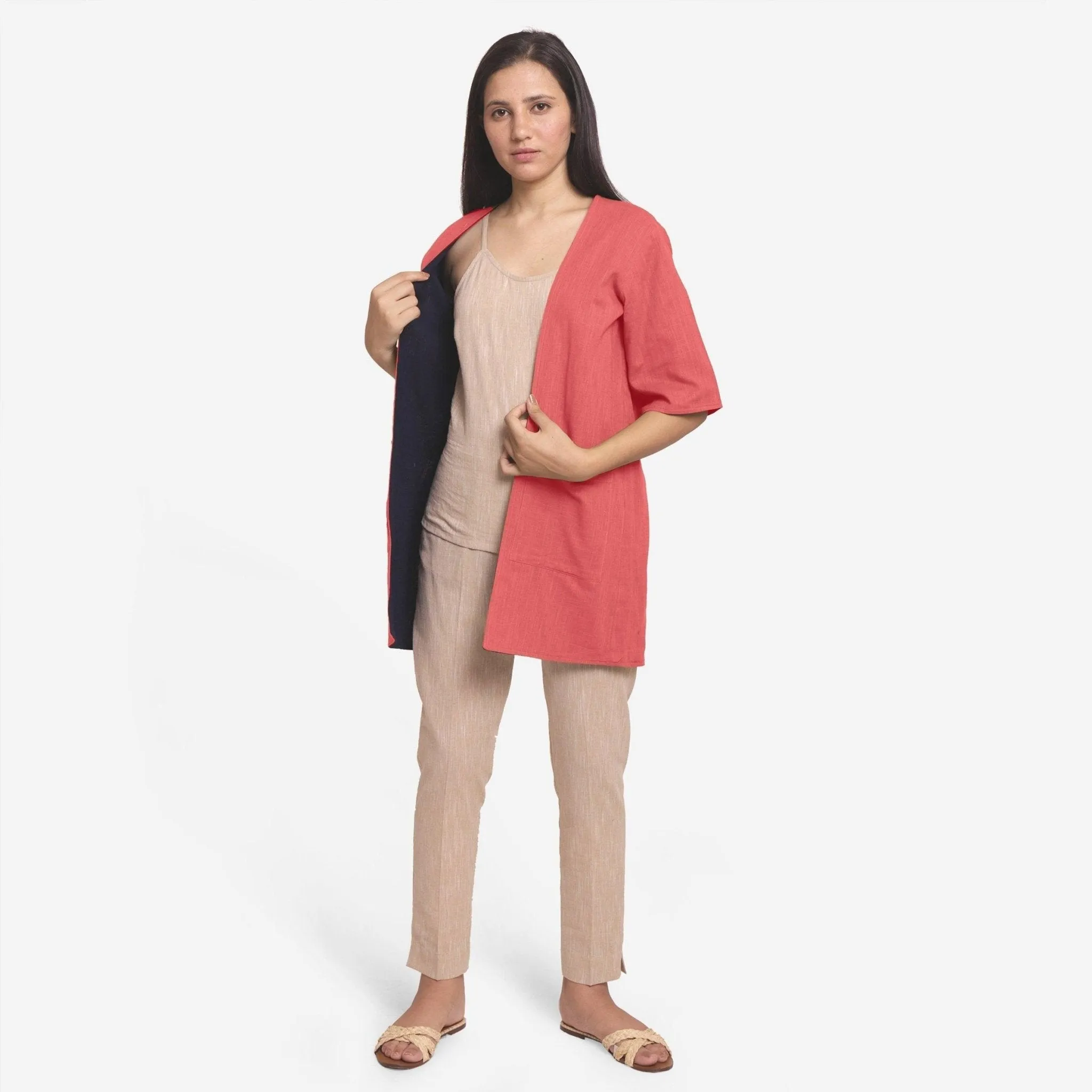 Red Reversible Cotton Flax Front Open Short Overlay