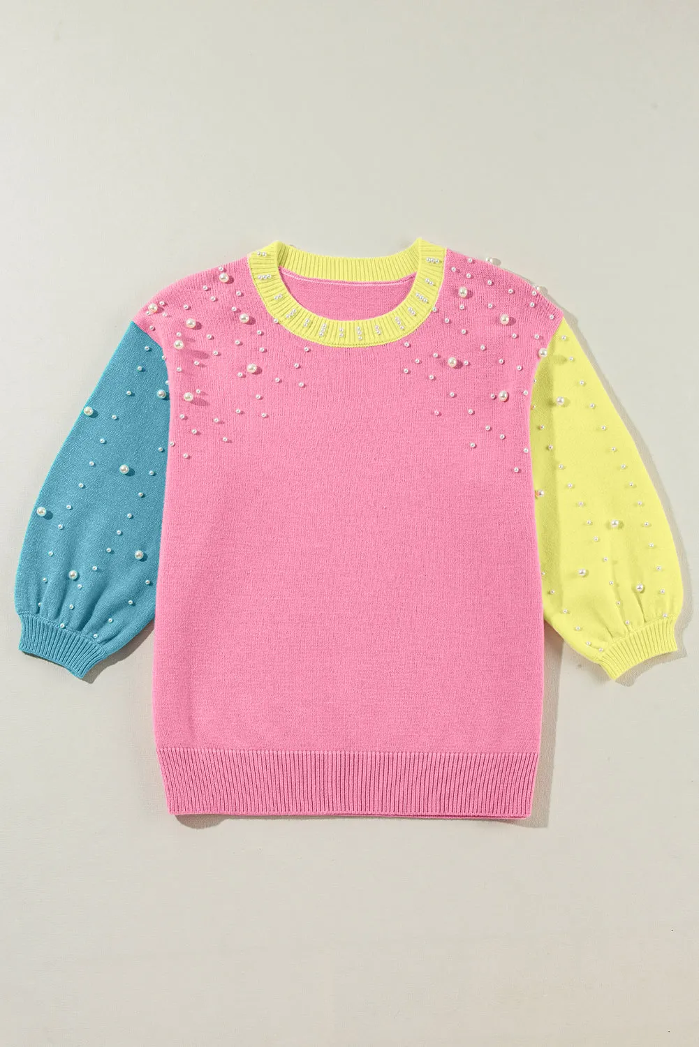 Rose Red Pearled Colorblock Crew Neck Half Sleeve Sweater